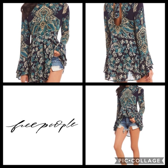 Free People Bohemian Blue Green Tunic Dress - Picture 3 of 7